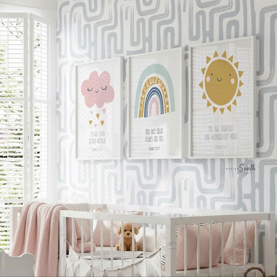 Christian Nursery Wall Art: Bible Verse Prints, Rainbow Cloud Decor