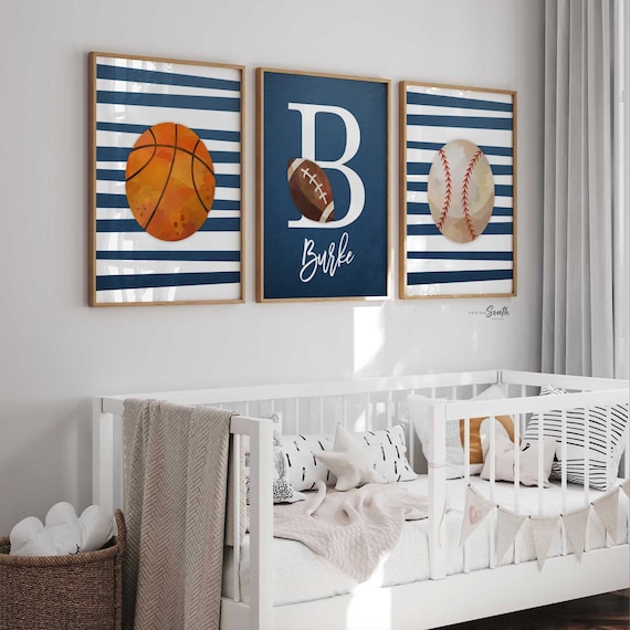 Personalized gift for boy sports theme nursery, boys name art prints sports, basketball baseball football name decor, blue sports wall decor