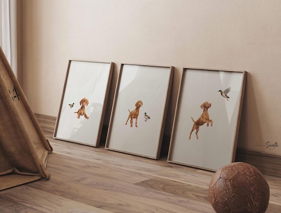 Hungarian Vizsla pointer wall art, bird dog nursery decor, duck hunting print set, toddler boy room, Vizsla dog and mallard duck art