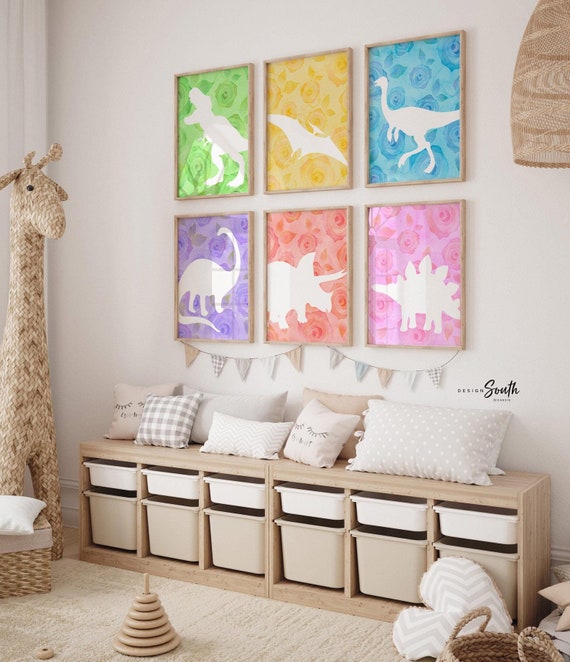 Girly floral dinosaur decor, girl's room flower dinosaur art, pink yellow green blue dinosaur themed art, girl dinosaur room, girl dinosaurs