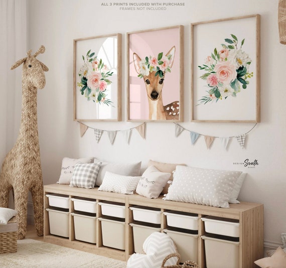 Blush pink baby deer nursery for girls, fawn nursery art, nursery decor pink fawn, baby girl woodland, pink woodland nursery, baby deer
