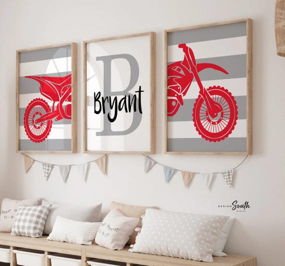Red dirt bike room decor ideas, customized name motocross dirt bike wall art boys room, dirt bike theme bedroom playroom nursery, boys gift
