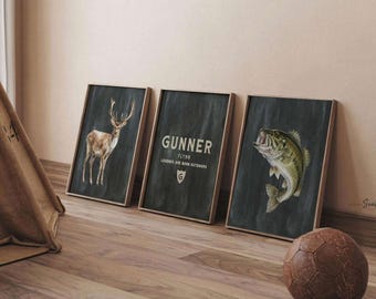 Buck Deer & Bass Fish Nursery Art – Personalized Hunter Bedroom Prints (Set of 3)