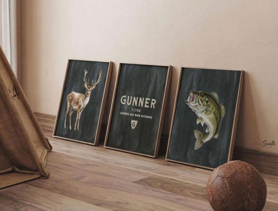 Buck Deer & Bass Fish Nursery Art – Personalized Hunter Bedroom Prints (Set of 3)