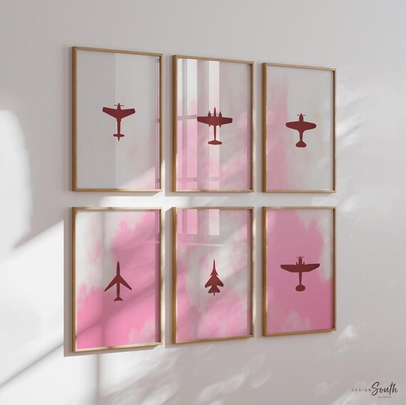 Aviation nursery decor, airplane nursery art for kids, pink airplane wall prints, baby girl nursery plane decor, baby airplane art