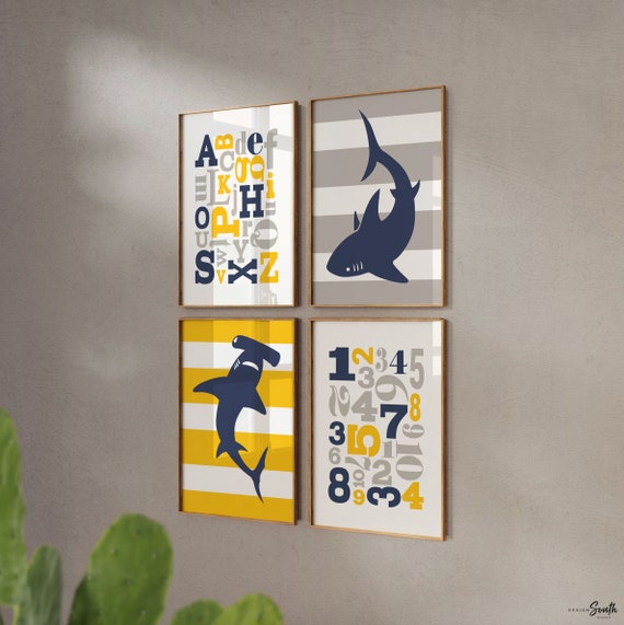 Boys navy blue gray and yellow, boys sharks, shark wall art, blue and yellow, nautical shark baby boys decor, baby boy wall art abc, sharks
