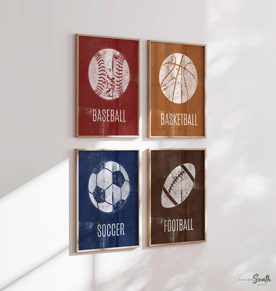 Distressed sports art prints posters set of 4, sports kids prints, red orange blue brown sports themed room wall art, toddler little boy art
