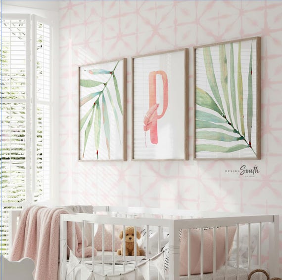 Tropical Nursery Art Prints: Pink Initial, Peach Watercolor (Unframed
