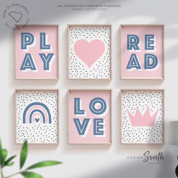 Play read love, little girl room wall art, playroom wall art for girl, heart crown rainbow art, girl reading wall art, gift girl birthday