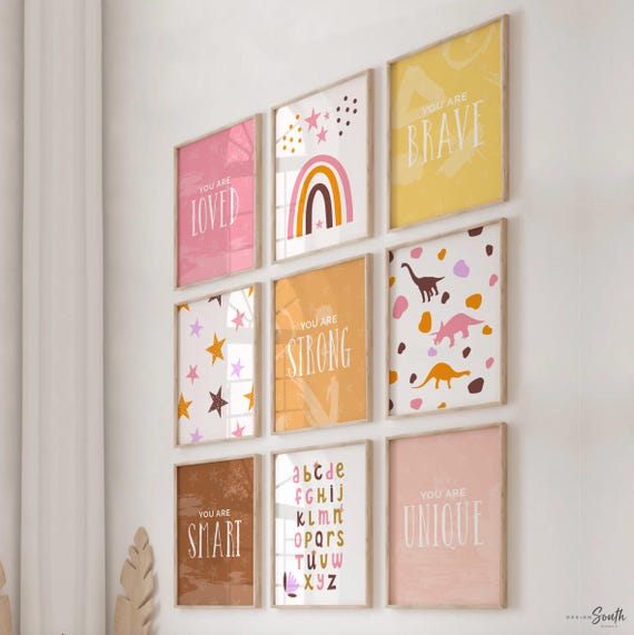Girl room art, set of 9, girls bedroom wall decor, pink wall art, gift for girls, pink bedroom wall art prints, star rainbow quotes girl art