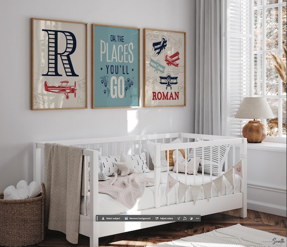 Vintage airplane wall art for boys nursery, red and navy aviation theme, toddler room decor, retro airplane prints, oh the places art