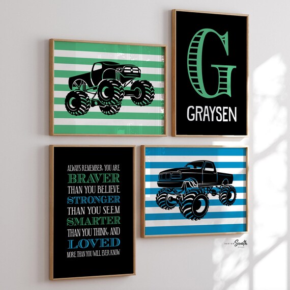 Monster truck wall personalized name for boys room decor, truck theme wall prints, boys monster truck with name, toddler truck bedroom decor