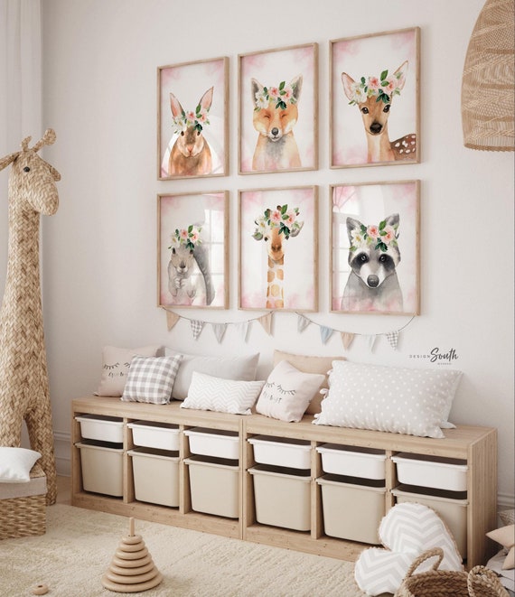 Woodland nursery pink, woodland forest animal art print set of 6, woodland nursery decor pink flower crowns, nursery wall animal collection