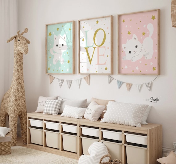 Kitty cat nursery, mint pink love nursery art, kitten baby shower gift, girls kitty decor, wall art kitty nursery, little girls room cats