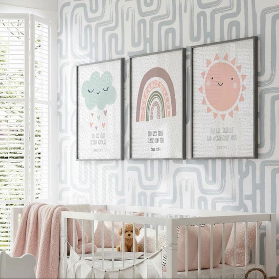 Christian Nursery Wall Art Prints: Bible Verse Decor, Rainbow Cloud