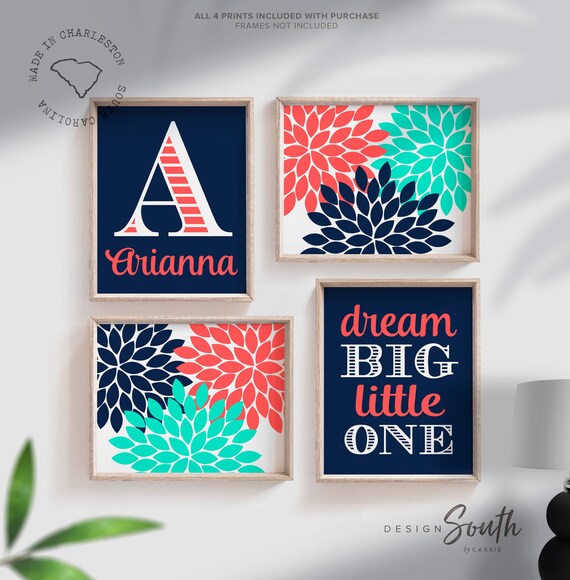 Girls nursery decor, monogram decor, navy blue coral and mint, girls room dream big quote, inspirational quote for girls, girls nursery art