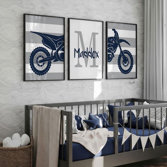 Personalized Dirt Bike Nursery Art: Navy Blue & Smoke Prints