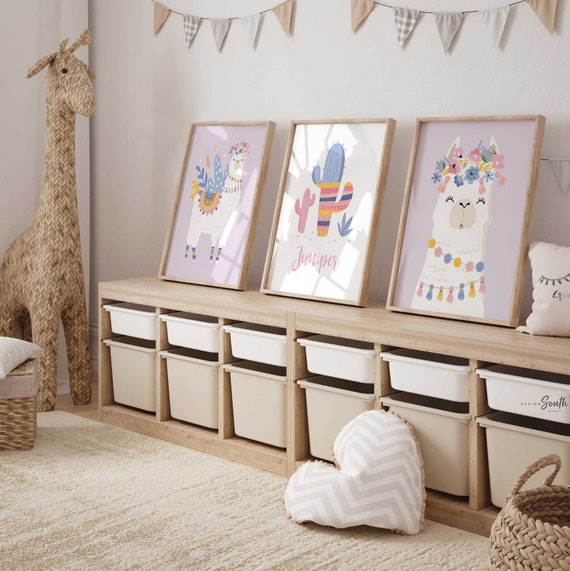 Llama nursery decor for girls, soft purple and blue girls wall art prints llama themed, girls bedroom prints, name personalized llama decor