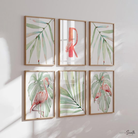 Flamingo print art set, bedroom tropical wall, flamingo nursery decor, baby room decor, newborn flamingo nursery pink and green