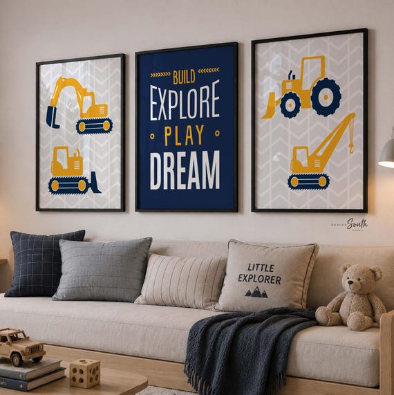 Construction Nursery Wall Art Set, Navy Blue Yellow Vehicles, Build Explore Play Dream