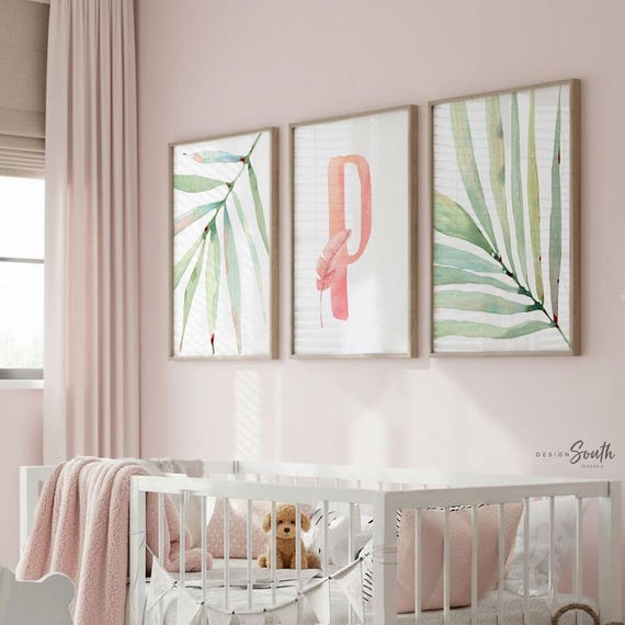 Tropical Nursery Art Prints: Pink Initial, Peach Watercolor (Unframed