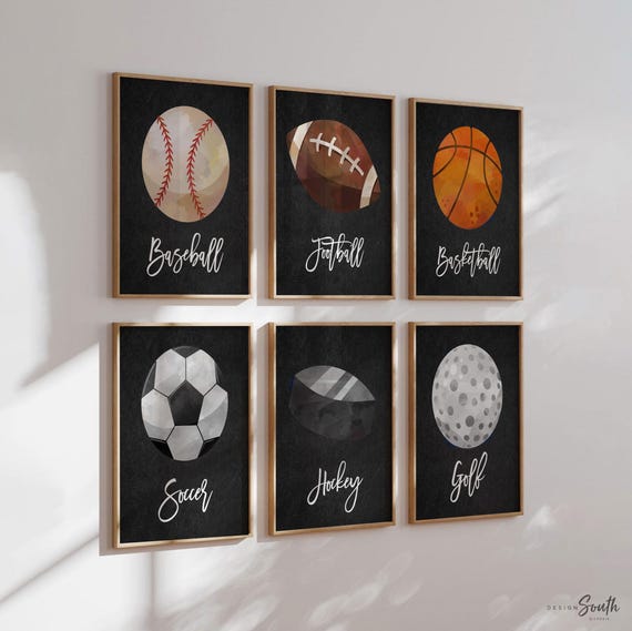 Sports Theme Watercolor Prints: Boy's Room Decor (Set of 6)