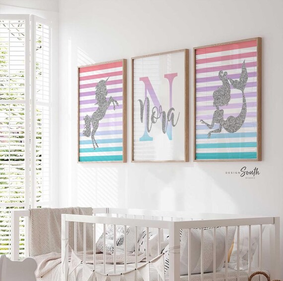 Unicorn nursery art, set of 3 prints, rainbow mermaid girls nursery decor, baby girl nursery, wall art print girl room, shower gift for girl