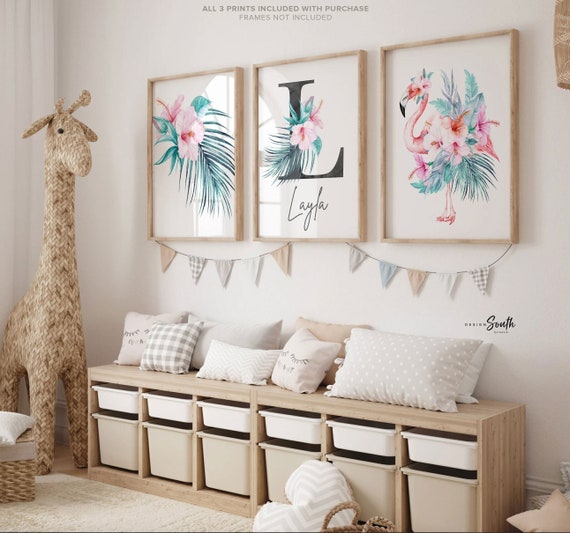 Girl nursery decor flamingo tropical, leaves nursery art jungle theme, botanical baby girl wall coastal, nursery decor pink tropical decor