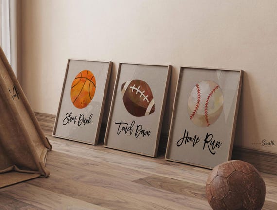 Sports baby gift, sports nursery wall art decor, basketball slam dunk art print, football touch down art print, baseball home run art print