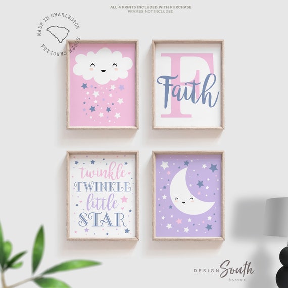 Baby girl nursery, twinkle twinkle little star, purple and pink nursery, baby girl nursery wall decor personalized name, moon star celestial