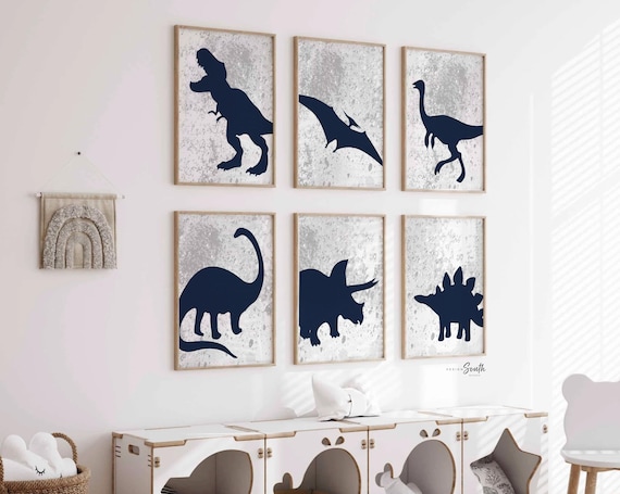 Navy Blue Dinosaur Art Prints: Gray Watercolor Nursery Decor