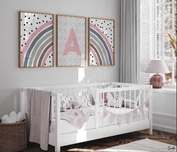 Mauve girl nursery art, girls initial name mauve pink, trendy polka dot nursery decor, wall art for girls room personalized, modern nursery