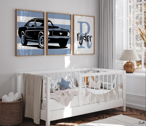 Blue and black 1967 Mustang wall art, personalized boy name decor, muscle car nursery prints, classic boys room art set