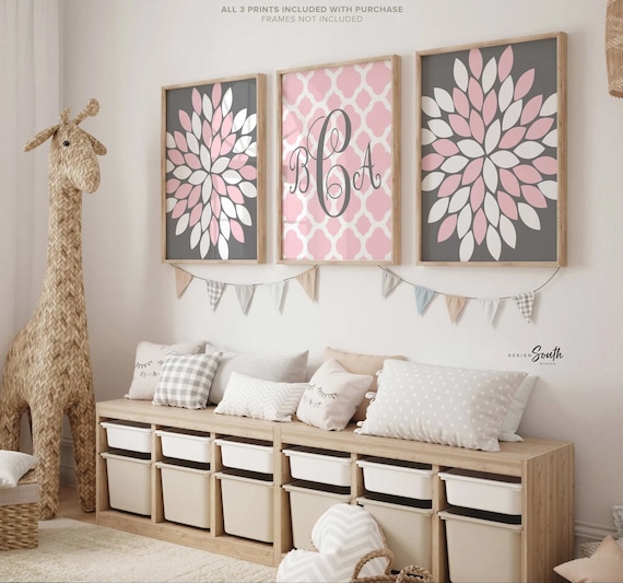 Baby girl nursery art, girls nursery decor, pink gray bathroom, baby girl wall decor, flower nursery, nursery art, pink nursery, pink gray