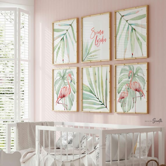 Tropical Flamingo Nursery Prints: Personalized Pink Leaf Beach Art