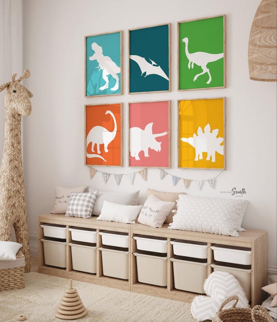 Colorful dinosaur art, bright colored dinosaurs, toddler dinosaur art, dinosaur children bedroom wall art prints, gallery wall dinosaur art