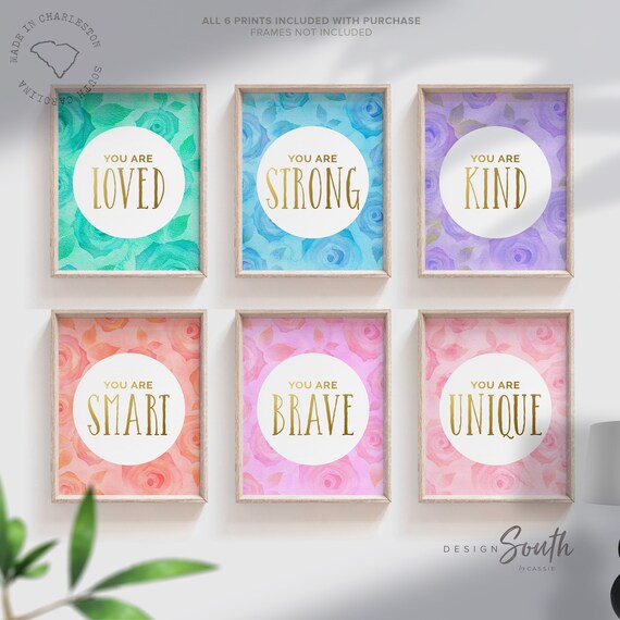 Positive girl playroom art, inspirational messages for girl wall art, set of 6 gallery wall prints girl quotes playroom bedroom or nursery