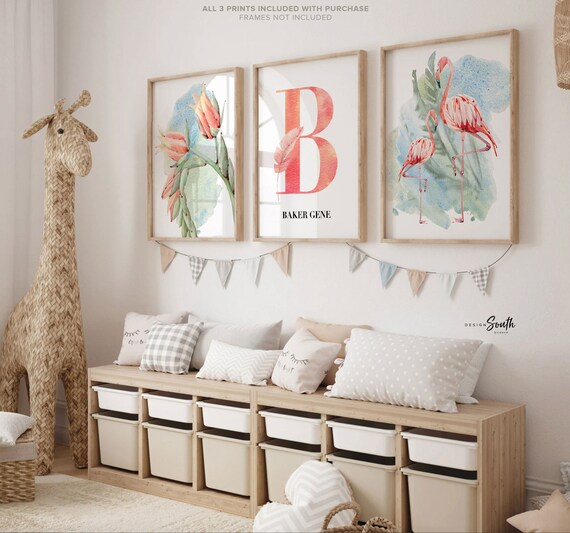 Pink flamingo nursery wall art, jungle theme baby girl decor, fan palm tropical nursery print set, flamingo personalized baby art tropical