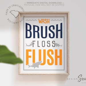 Cepillo de baño para niños, hilo dental, zona de tiburones, letreros de baño con descarga de hilo dental, decoración de medio baño para niños, póster de decoración de baño para niños