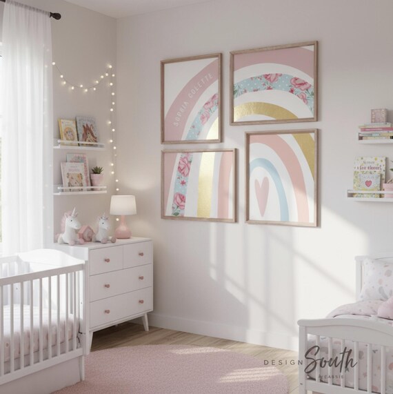 Vintage Floral Nursery Art Prints: Blush Rainbow, Personalized Name