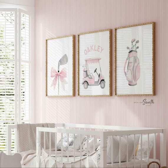 Soft Pastel Golf Girl Prints – Set of 3 Personalized Watercolor Golf Cart & Club Designs – Chic Pink Nursery Wall Art
