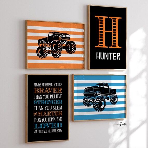 Monster truck wall personalized name for boys room decor, truck theme wall prints, boys monster truck with name, toddler truck bedroom decor