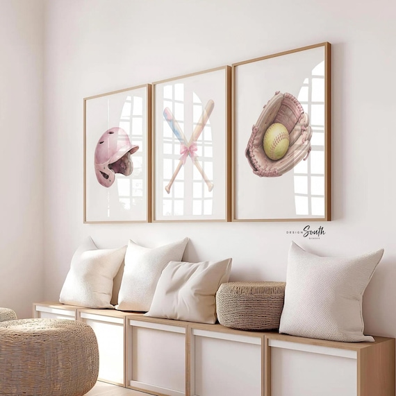 Girls Softball Wall Art Set of 3, Pink Softball Room Decor, Bow Baseball Prints, Girls Sports Bedroom Art, Softball Nursery Decor