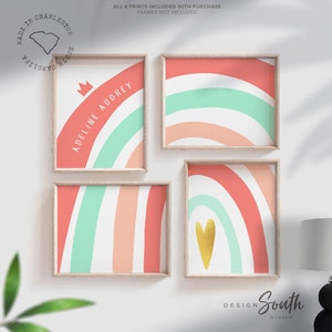 Coral Rainbow Nursery Art Prints: Mint, Peach & Gold Foil Heart Decor