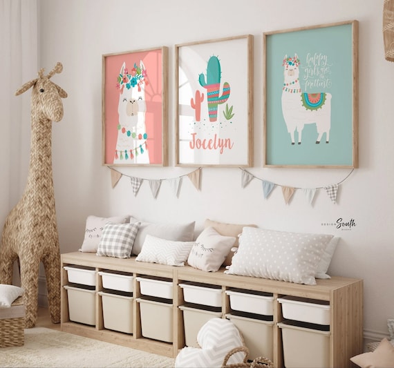 Baby girl nursery art coral and teal, wall prints for girl's bedroom, monogram for little girl, floral theme boho nursery decor llama alpaca