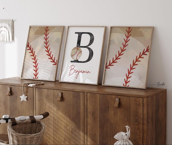 Vintage Baseball Nursery Art: Red, Gray & Beige Prints