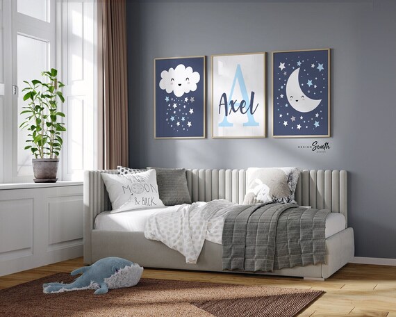 Teal blue yellow boys nursery art, moon and stars, moon nursery boys, cloud decor, star decor, cloud nursery art, boys cloud decor, moon art