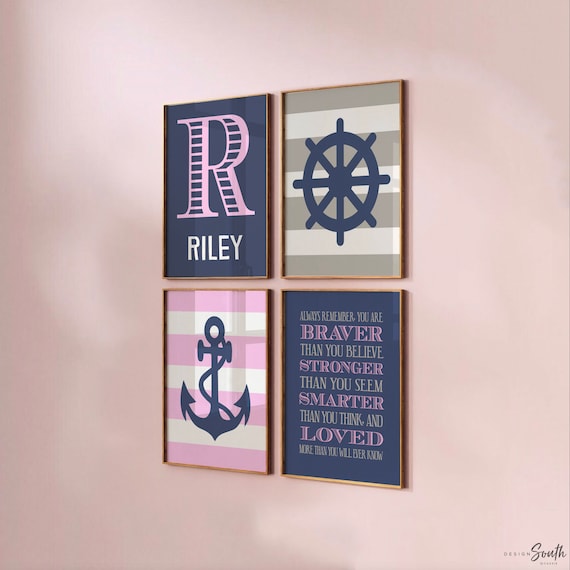 Girls nautical bedroom images, navy pink nautical wall art, girl nursery bedroom decor, nautical wall decor girl room, nautical kid wall art