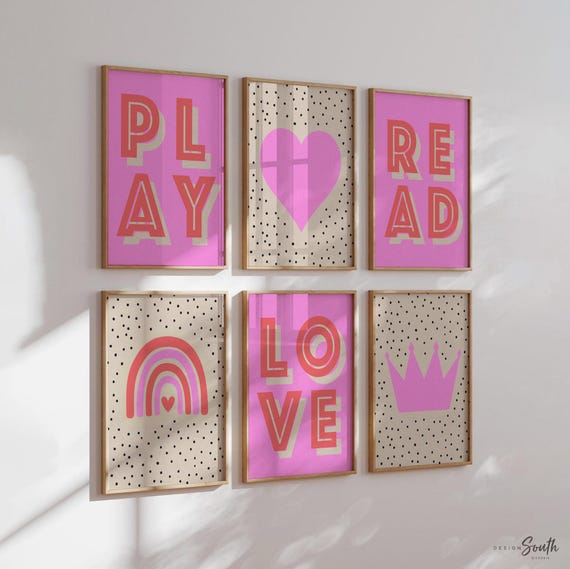 Girls Pink Art Prints: Rainbow, Heart, Crown - Playroom Decor