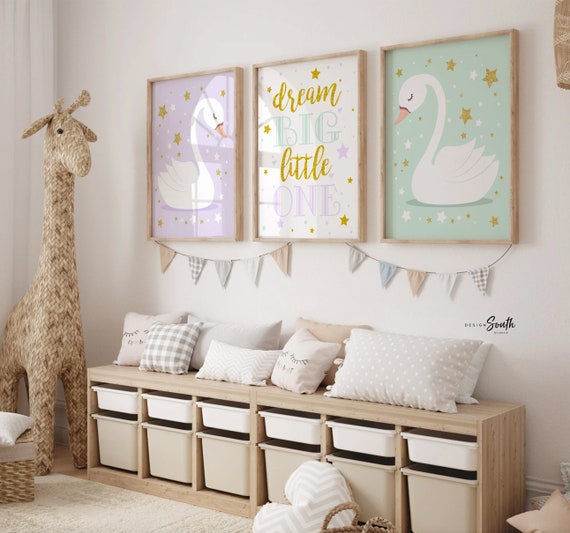 Lilac and mint, lavender and mint, girl swan nursery decor, purple swans, purple and gold nursery, purple gold mint, dream big, gold stars